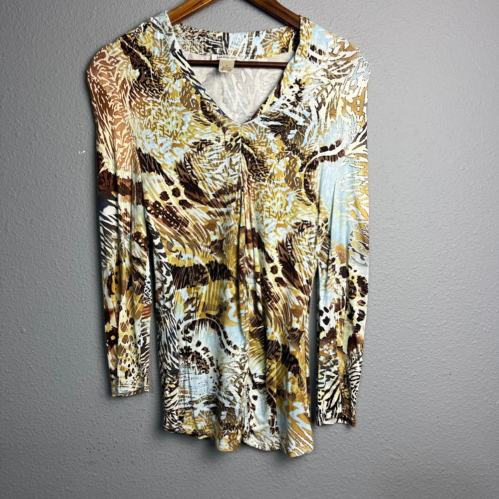 Harold's Animal Print Long Sleeve Top Brown Blue S Small V Neck Abstract Rouched